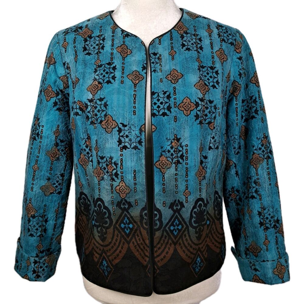 Coldwater Creek Open Jacket Blazer Womens 8 Petite 8P Blue Brown Abstract Office